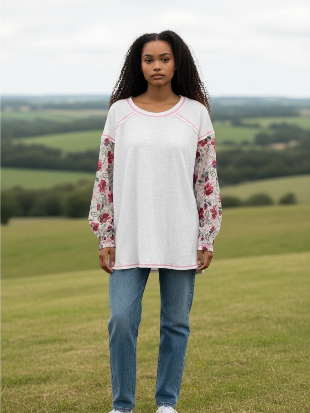 POL White Long-Sleeve Top with Pink Trim and Floral Sleeves PTP: 27”